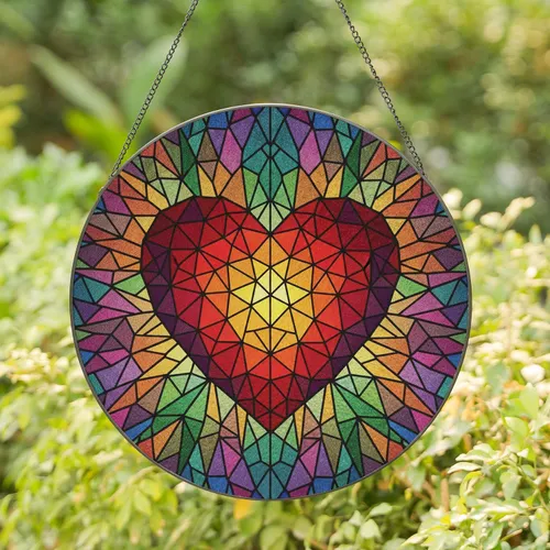 Stained Glass Multicolored Radiating Faceted Heart Mosaic - Home Decor Gift Stained Glass Suncatcher