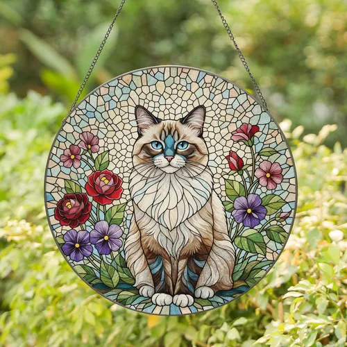 Ragdoll Cat Rose Violet Flowers - Home Decor Gift for Cat Lover Stained Glass Suncatcher