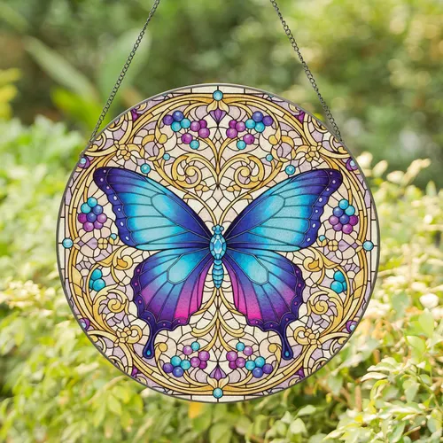 Butterfly Floral Scrollwork Jewel Accents - Home Decor Gift for Butterfly Lover Stained Glass Suncatcher