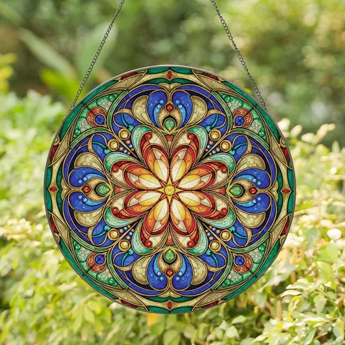 Stained Glass Four Petal Floral Bubbles Jewels Concentric Rings - Home Decor Gift Stained Glass Suncatcher