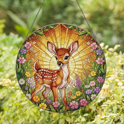 Tiffany Stained Glass Fawn Wildflower - Wildlife Home Decor Gift Stained Glass Suncatcher
