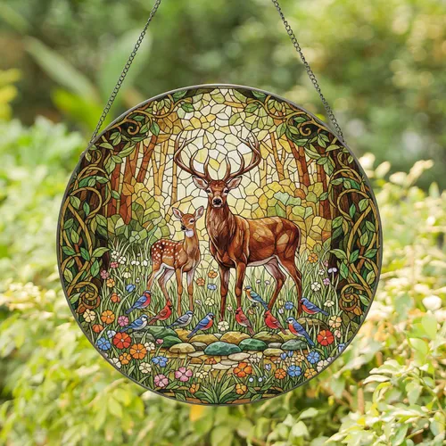 Stag Deer Wildflower Meadow - Home Decor Gift for Wildlife Lover Stained Glass Suncatcher