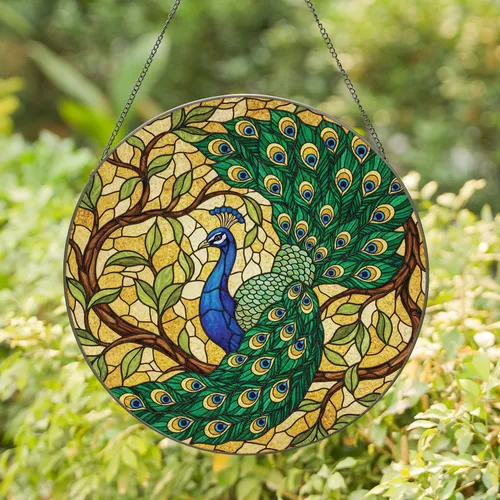 Peacock Foliage Stained Glass Mosaic - Home Decor Gift for Wildlife Lovers Stained Glass Suncatcher