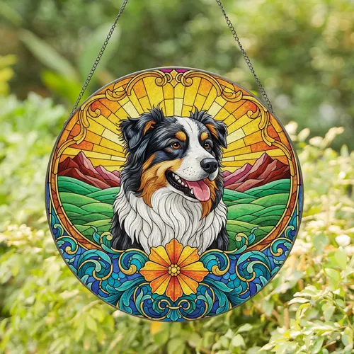 Rolling Hills Australian Shepherd Dog Flower Sunburst Arch - Home Decor Gift for Dog Lover Stained Glass Suncatcher