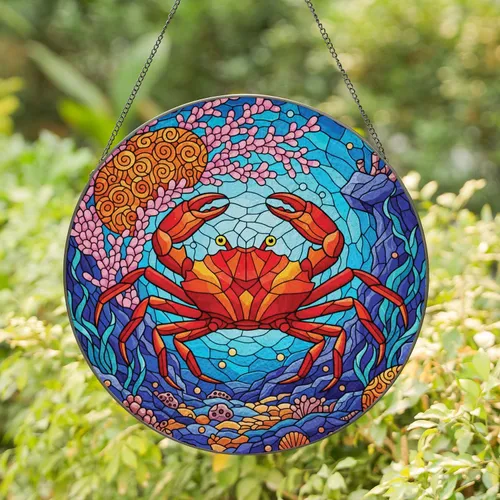 Red Orange Crab Underwater Coral Seascape - Home Decor Gift for Ocean Lovers Stained Glass Suncatcher