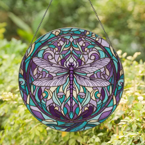 Purple Dragonfly Flowing Water Foliage - Home Decor Gift for Nature Lover Stained Glass Suncatcher