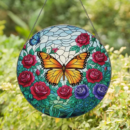 Orange Butterfly Purple Roses Mosaic Floral - Home Decor Gift for Butterfly Lover Stained Glass Suncatcher