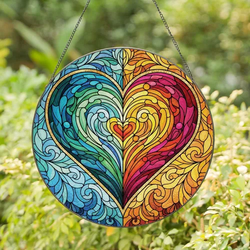 Symmetrical Cool Warm Heart Swirling Scrollwork Leaf Petal Forms - Home Decor Gift Stained Glass Suncatcher