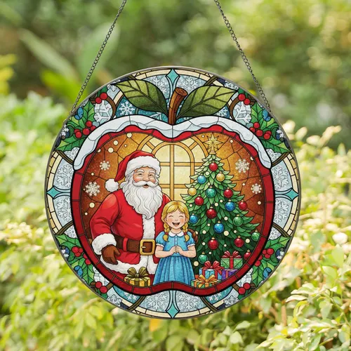 Santa Girl Christmas Tree Red Apple Frame Snowflakes Holly - Christmas Holiday Decor Stained Glass Suncatcher