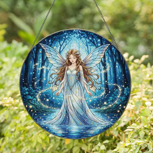 Fairy Golden Leaves Blue Wings Forest Water Lights Reflections - Home Decor Gift Stained Glass Suncatcher