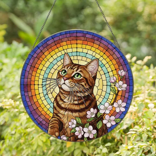 Brown Tabby Cat Apple Blossom Stained Glass Mosaic - Housewarming Home Decor Gift for Cat Lover Stained Glass Suncatcher