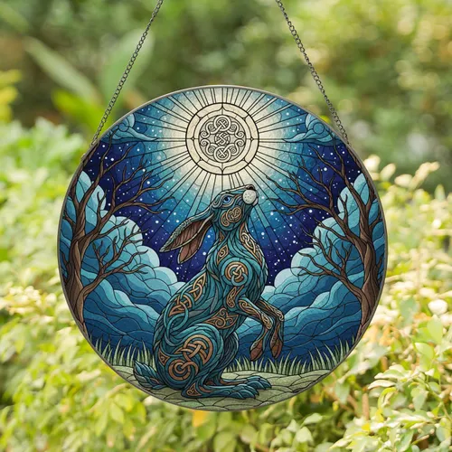 Celtic Knot Hare Full Moon Starry Night Sky Home Decor Gift for Wildlife Lover Stained Glass Suncatcher