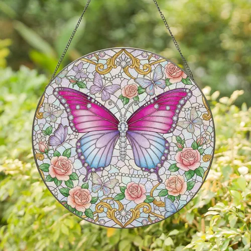 Ornate Iridescent Butterfly Fuchsia Lilac Roses Emerald Foliage Mosaic - Home Decor Gift Stained Glass Suncatcher