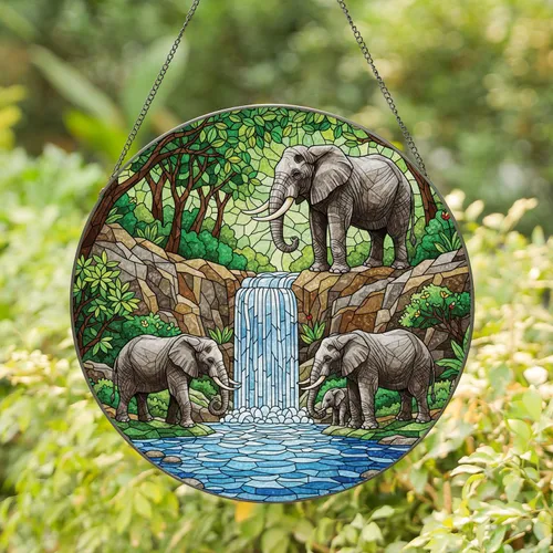 Lush Trees Rocky Landscape Elephants Waterfall Scene - Wildlife Lover Home Decor Gift Stained Glass Suncatcher