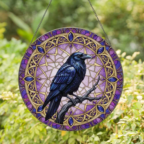 Black Raven Gothic Filigree Sapphire Amethyst - Home Decor Gift for Bird Lover Stained Glass Suncatcher
