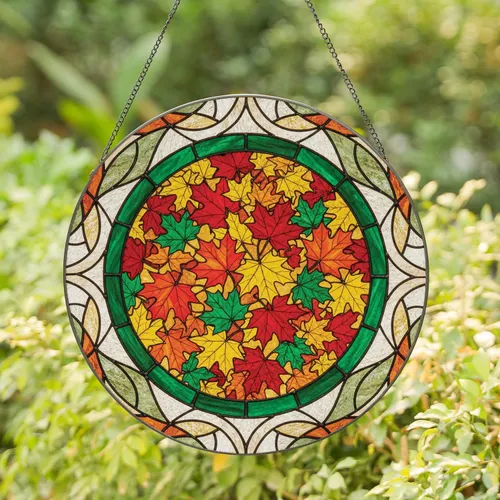 Overlapping Maple Leaves Circular Border Autumn Seasonal - Home Decor Gift Stained Glass Suncatcher