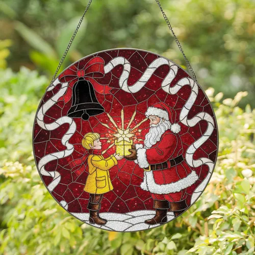 Santa Claus Boy Glowing Star Gift Black Bell Snow Scene - Holiday Window Decor Gift Stained Glass Suncatcher
