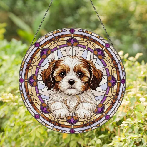 Patched Face Shih Tzu Puppy Floral Border - Dog Lover Home Window Decor Gift Stained Glass Suncatcher