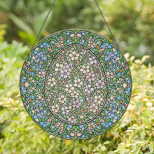 Elaborate Easter Egg Green Vines Blooming Floral Clusters Leafy Tendrils Berry Buds - Easter Gift Stained Glass Suncatcher