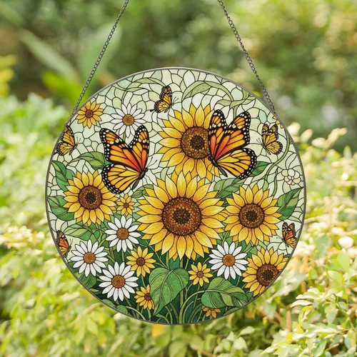 Golden Sunflowers Monarch Butterflies Daisy - Home Decor Gift for Garden Lover Stained Glass Suncatcher