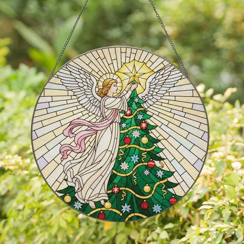 Angel Placing Star Decorated Christmas Tree Baubles - Christmas Home Decor Gift Stained Glass Suncatcher