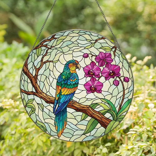 Iridescent Tropical Bird Orchid Flower - Home Decor Gift for Bird Lovers Stained Glass Suncatcher