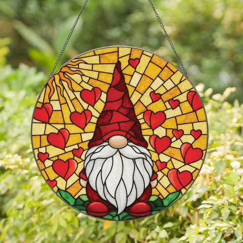 Garden Gnome Red Hat Hearts Sun Mosaic - Garden Lover Home Decor Gift Stained Glass Suncatcher