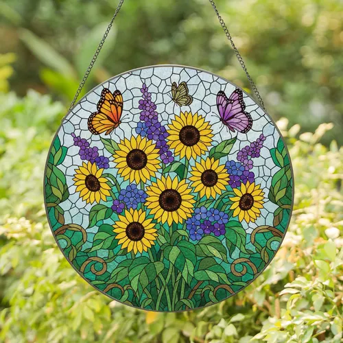 Sunflowers Purple Flowers Butterflies - Home Decor Gift for Garden Lover Stained Glass Suncatcher