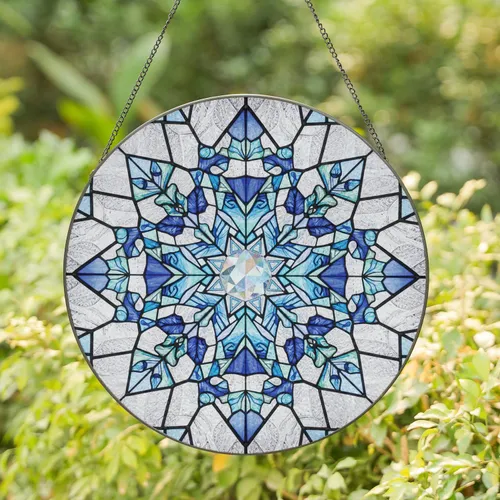 Symmetrical Crystal Snowflake Stained Glass Mosaic - Winter Home Decor Gift Stained Glass Suncatcher