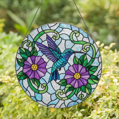 Turquoise Blue Hummingbird Purple Flowers Green Leaves Home Decor Gift for Bird Lovers Stained Glass Suncatcher