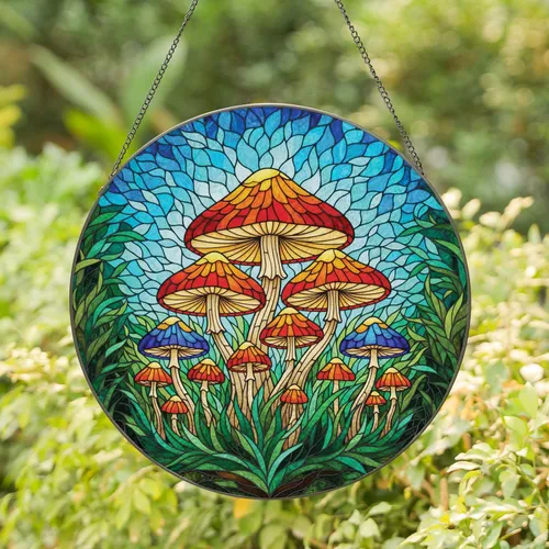 Fantastical Mushroom Cluster Home Decor Gift for Mushroom Lover Stained Glass Suncatcher