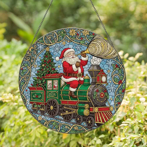 Santa Claus Train Christmas Tree - Holiday Home Decor Gift Stained Glass Suncatcher