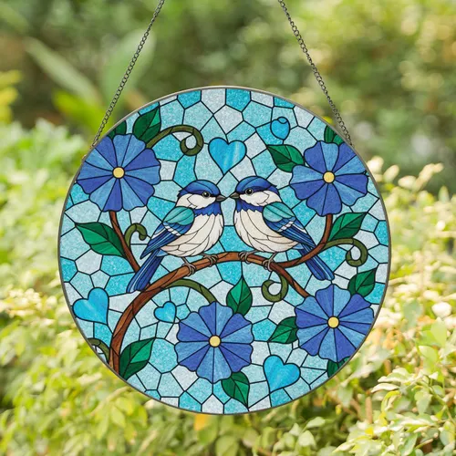 Blue White Birds Branch Flowers Hearts - Home Decor Gift for Bird Watchers & Nature Lovers Stained Glass Suncatcher