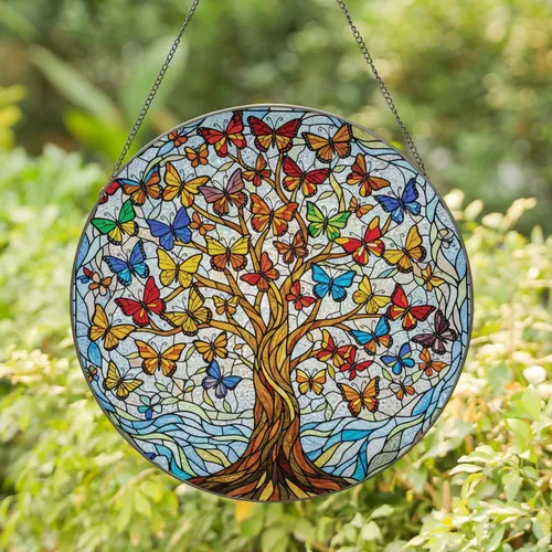 Stained Glass Tree of Life Butterflies Mosaic Organic Shapes - Home Decor Gift Stained Glass Suncatcher