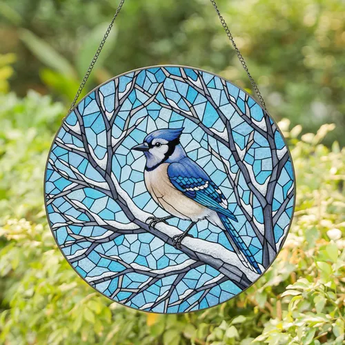 Blue Jay Snowy Branch Winter Home Decor Gift for Bird Lover Stained Glass Suncatcher