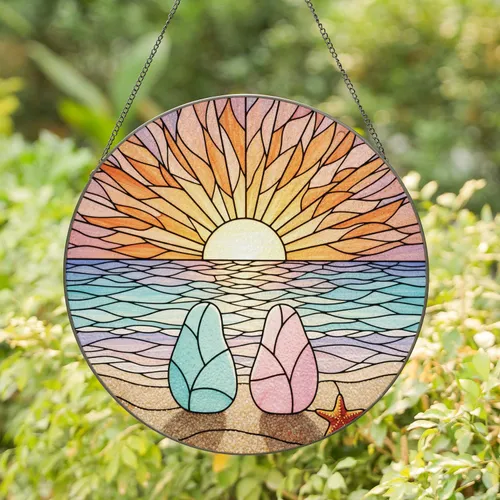 Pebble Figures Ocean Sunset Starfish Beach Scene - Home Decor Gift for Ocean Lovers Stained Glass Suncatcher