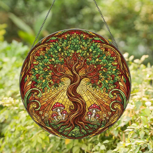 Tree of Life Mushrooms Wildflowers Luminous Stained Glass - Home Decor Gift for Nature Lover Stained Glass Suncatcher