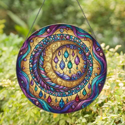 Golden Crescent Moon Feather Jewel Frame - Home Decor Gift Stained Glass Suncatcher