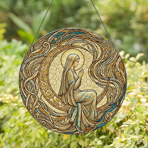 Veiled Woman Profile Crescent Moon Blooming Floral Vines - Home Decor Gift for Women Stained Glass Suncatcher