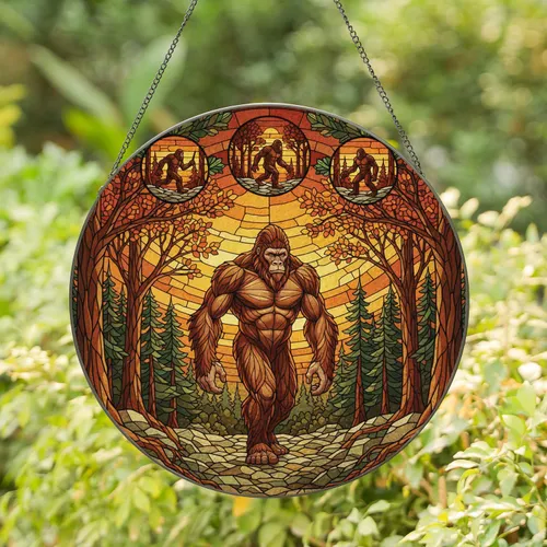 Bigfoot Pine Deciduous Forest Sunset - Home Decor Gift for Bigfoot Lover Stained Glass Suncatcher