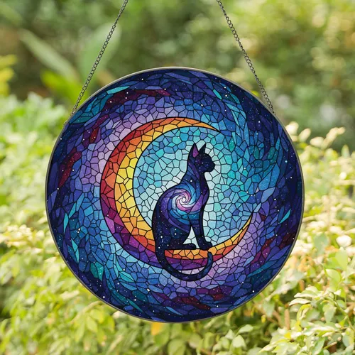 Black Cat Crescent Moon Galaxy Nebula Stars - Cosmic Home Decor Gift for Cat Lover Stained Glass Suncatcher