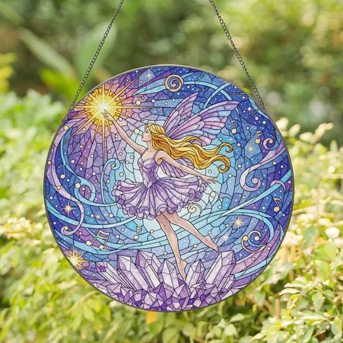 Fairy Leaping Iridescent Wings Amethyst Quartz Golden Starburst Home Decor Gift Stained Glass Suncatcher