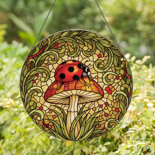 Spotted Ladybug Mushroom Botanical Garden - Everyday Home Decor Gift for Garden Lover Stained Glass Suncatcher