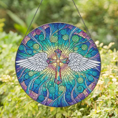 Celestial Brilliant Cross Angel Wings Cloud Formations Light Streaks Home Decor Gift Stained Glass Suncatcher