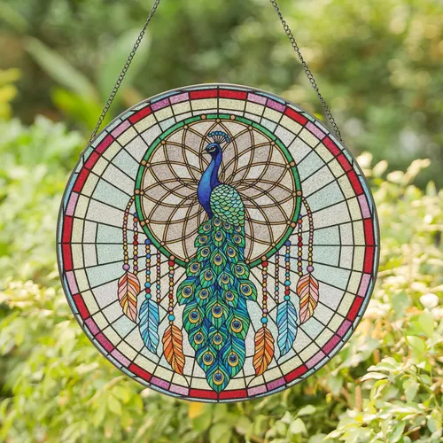Peacock Dreamcatcher Fanned Tail Rainbow Feathers - Home Decor Gift for Bird Lovers Stained Glass Suncatcher