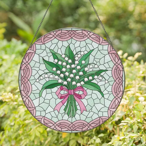 Lily of the Valley Flowers Fuchsia Ribbon - Home Decor Gift for Flower Lover Stained Glass Suncatcher