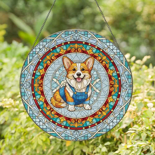 Happy Corgi Blue Overalls Ornate Circular Border - Home Decor Gift for Pet Lovers Stained Glass Suncatcher
