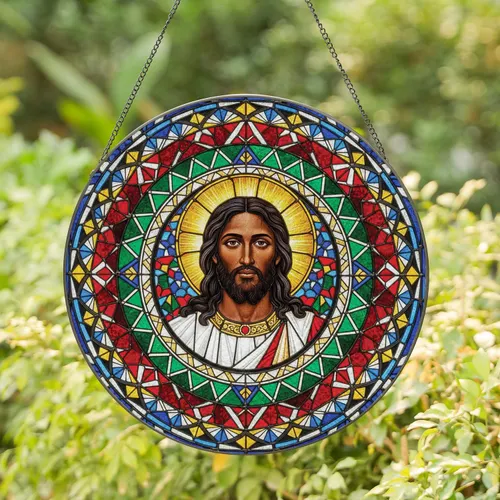 Jesus Christ Bust Radiant Halo Geometric Mosaic - Home Decor Gift For Christians Stained Glass Suncatcher