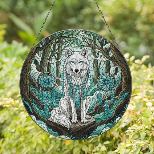 White Wolf Dreamcatchers Mystical Forest - Wildlife Lover Home Decor Gift Stained Glass Suncatcher