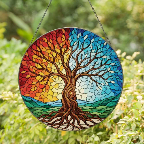 Tiffany Dual Tone Gnarled Trunk Tree of Life Sunset Morning Sky Landscape - Home Decor Gift Stained Glass Suncatcher